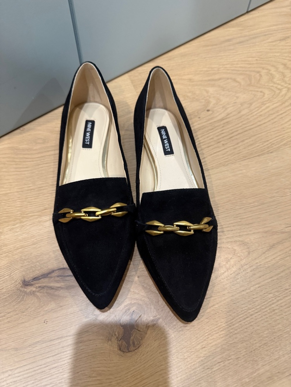 Never worn Nine West Black Suede Pointed Loafers with Gold Chain Accent